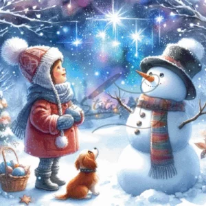 Christmas and holiday season snowman cross stitch pattern with girl and dog