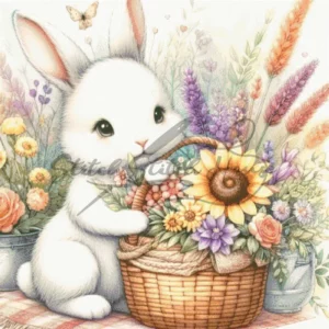 Adorable white bunny holding a basket of sunflowers and roses watercolor cross stitch pattern