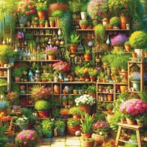 A lush cottage garden filled with various potted flowers and gardening tools handmade cross stitch pattern