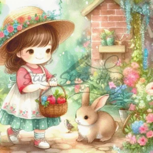Chibi garden girl holding a fruit basket with a cute bunny rabbit watercolor cross stitch pattern