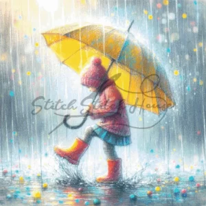 Little girl wearing red boots and jumping in puddles with a yellow umbrella cross stitch pattern