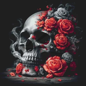 Gothic skull with blooming red roses and swirling grey smoke cross stitch pattern