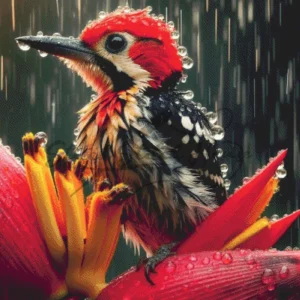 A colorful hummingbird perched on a red tropical flower during rain handmade cross stitch pattern
