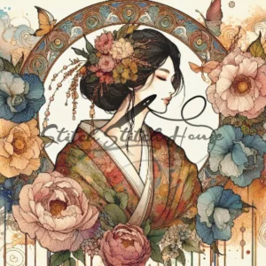 Japanese woman in kimono surrounded by peonies and butterflies cross stitch pattern