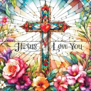 Jesus Love You stained glass style cross stitch pattern with a central heart cross and vibrant floral borders