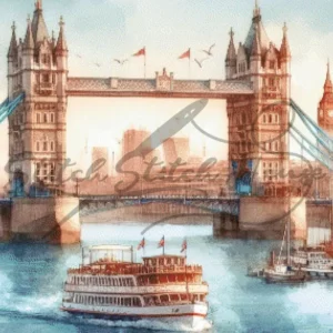 Handmade cross stitch pattern of London Tower Bridge with a river boat and Big Ben in the background