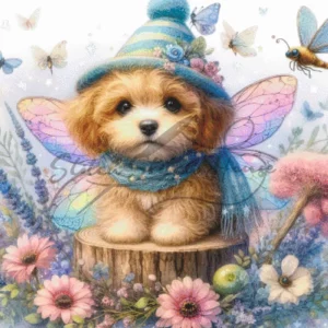 Cute puppy with butterfly wings and blue hat sitting on a tree stump cross stitch pattern