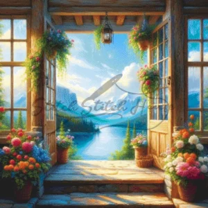 Scenery Cross Stitch Pattern of a rustic window with flowers looking out to a blue lake and snowy mountains