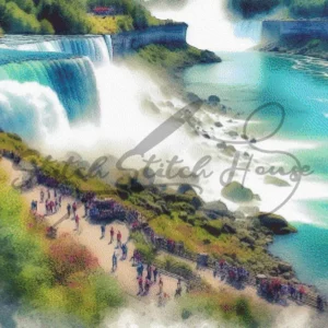 Handmade cross stitch pattern of Niagara Falls New York showing powerful waterfalls and lush greenery