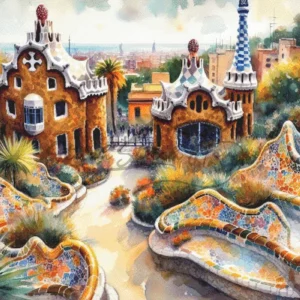 Handmade cross stitch pattern of Parc Guell Barcelona featuring Gaudi mosaic architecture for needlepoint enthusiasts