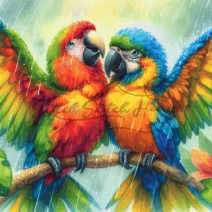 Two colorful macaws perched on a branch during a rain shower handmade cross stitch pattern with vibrant feathers