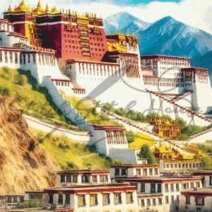 Handmade cross stitch pattern of the Potala Palace in Tibet with majestic Himalayan landscape