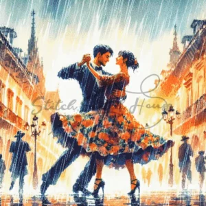 Romantic couple dancing in the rain on a European street cross stitch pattern for hand embroidery