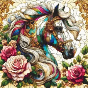 Stained glass style unicorn head with pink roses embroidery cross stitch pattern