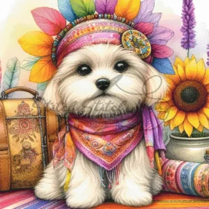 Cute white puppy wearing a tribal feather headdress and colorful scarf next to a sunflower cross stitch pattern
