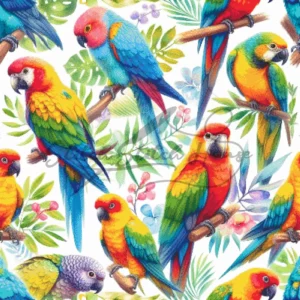 Handmade cross stitch pattern featuring colorful tropical parrots and exotic macaws with green palm leaves