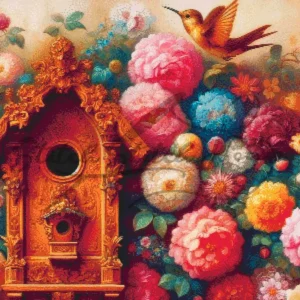 Detailed embroidery cross stitch pattern featuring a vintage birdhouse and colorful peonies