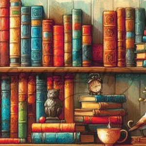 A cozy vintage bookshelf with antique books, a bird, and crafting tools in a handmade cross stitch pattern