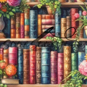 Handmade cross stitch pattern of a vintage bookshelf featuring antique books, blooming flowers, and elegant vases