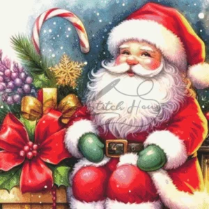 Detailed handmade cross stitch pattern of a vintage Santa Claus sitting with Christmas gifts and a lantern