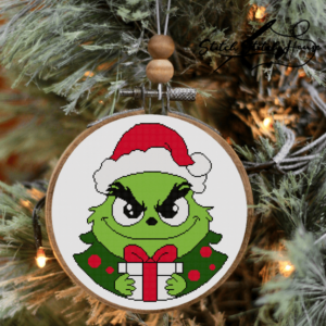 Cute Grinch Holding Present Cross Stitch Pattern - Festive Holiday DIY Embroidery PDF