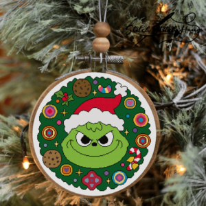 Grinch and Sweets Santa Wreath Cross Stitch Pattern - Festive DIY Holiday Embroidery PDF