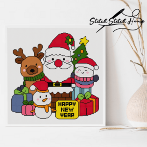 Festive Santa Claus, reindeer and snowmen Happy New Year cross stitch pattern design