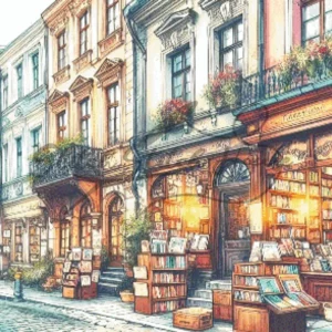 Watercolor European Bookshop Street Cross Stitch Pattern