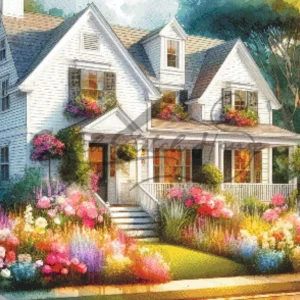 Watercolor Cottage Garden House Cross Stitch Pattern