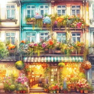 Watercolor Cafe Flower Shop Balcony Cross Stitch Pattern