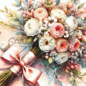 Watercolor Ranunculus Ribbon Bouquet Cross Stitch Pattern