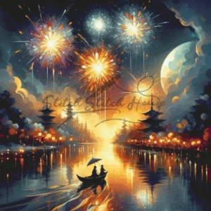 Japanese Pagoda Fireworks River Cross Stitch Pattern