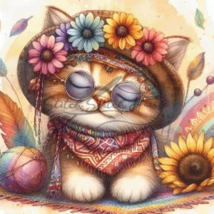 Boho Hippie Cat Cross Stitch Pattern Flower Crown