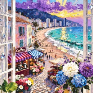 Coastal Town Beach Window Cross Stitch Pattern