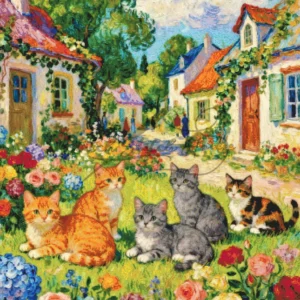 Village Kittens Flower Garden Cross Stitch Pattern
