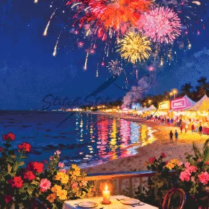 Beach Fireworks Candle Dinner Cross Stitch Pattern