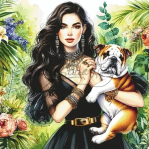 Brunette Woman and English Bulldog Cross Stitch Pattern