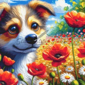 Puppy in Poppy Field Cross Stitch Pattern