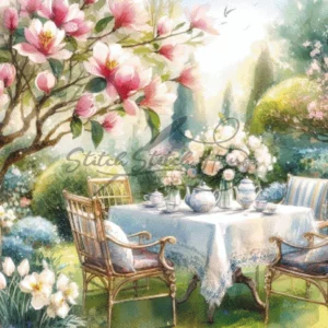 Magnolia Garden Tea Party Cross Stitch Pattern