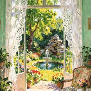 Garden Fountain Sunlit Veranda Cross Stitch Pattern