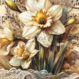 Vintage Sheet Music Daffodil Lace Cross Stitch Pattern