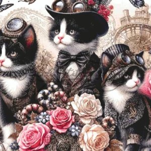 Steampunk Tuxedo Cat Rose Cross Stitch Pattern