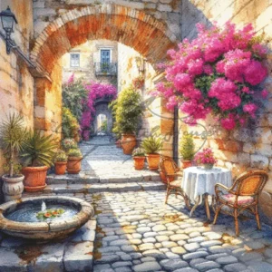 Mediterranean Alley Fountain Cross Stitch Pattern