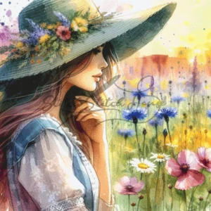 Watercolor Meadow Girl Sun Hat Cross Stitch Pattern