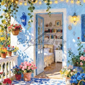 Mediterranean Blue Patio Bedroom Cross Stitch Pattern