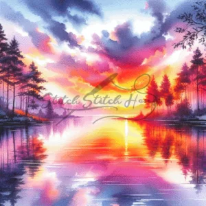Sunset Lake Pine Forest Cross Stitch Pattern