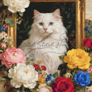 White Cat Vintage Frame Cross Stitch Pattern