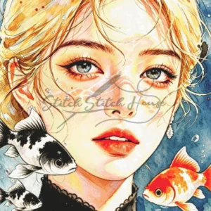 Watercolor Underwater Girl Goldfish Cross Stitch Pattern