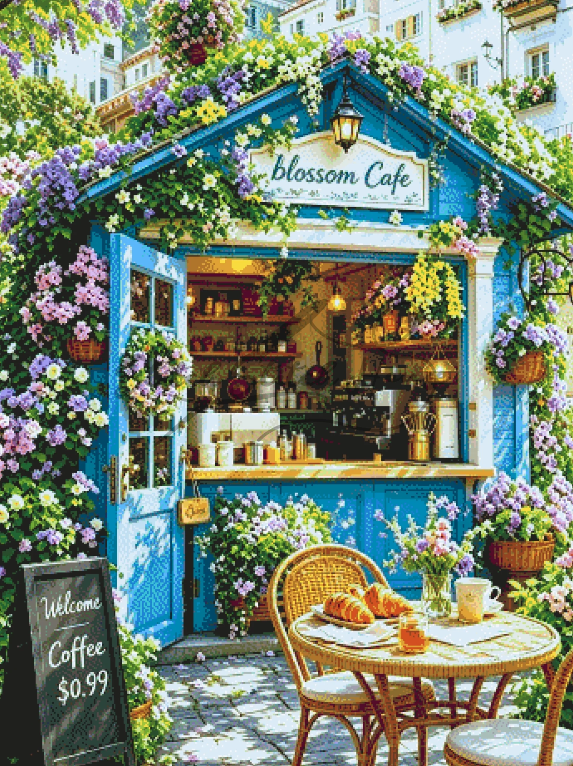 Blossom Cafe European Street Cross Stitch Pattern