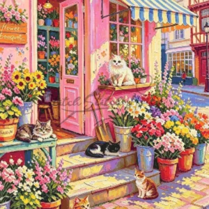 Pink Flower Shop Cats Cross Stitch Pattern
